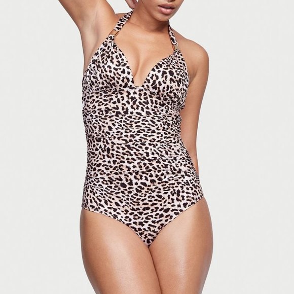 Victoria Secret Swim Push Up One Piece Swimsuit MEDIUM Padded Ruched Leopard - Picture 11 of 14